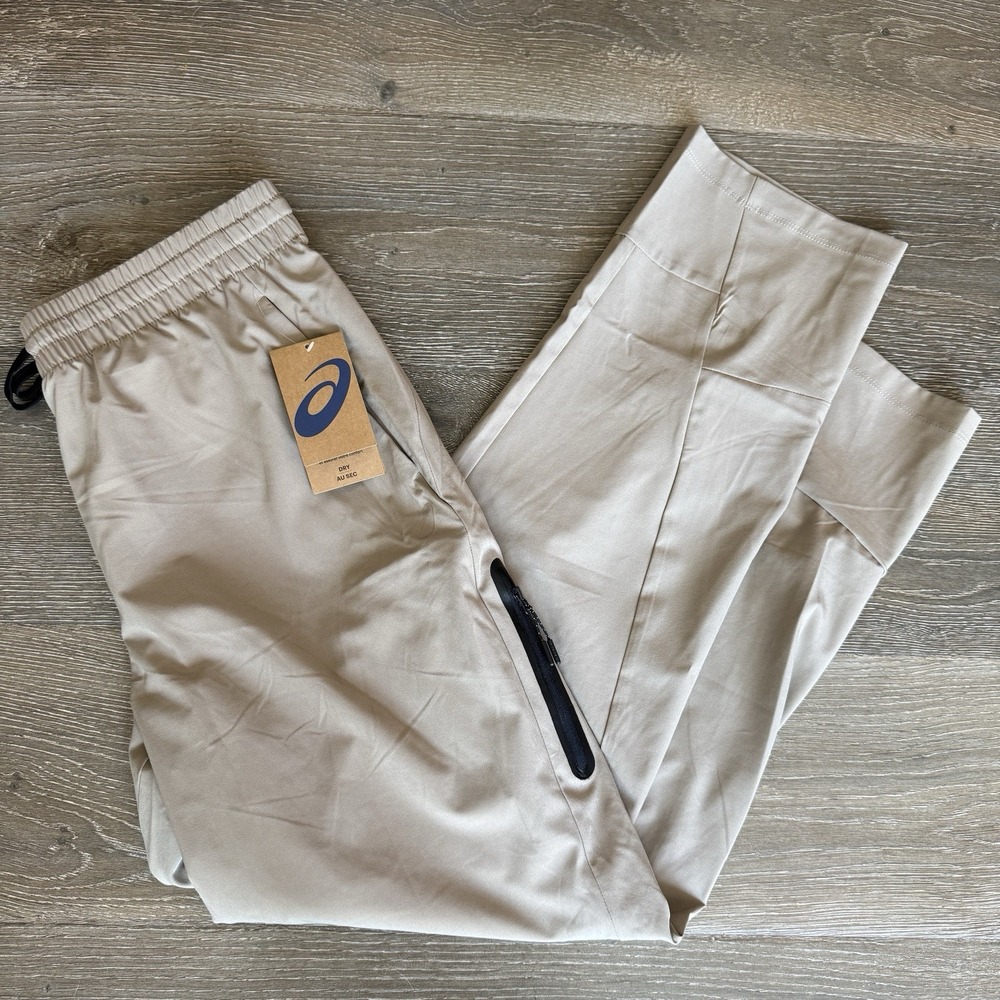 Asics Woven Joggers Pants Beige Men's Stretch Welded Leg Zip Pocket Size Medium